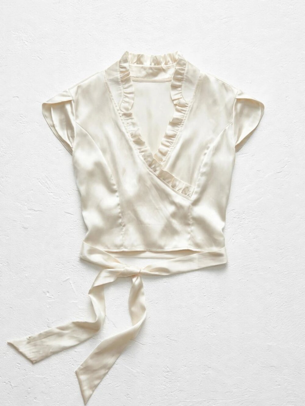 Le Chateau Cream Silk Satin Wrap Blouse XXS Ruffle Collar Fairycore